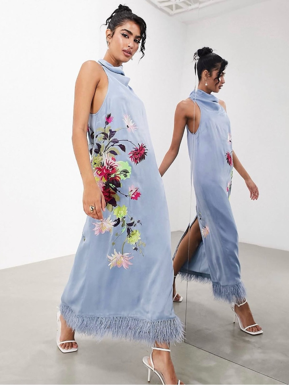 Sleeveless Floral Embroidered Fringed Hem Halter Midi Dress